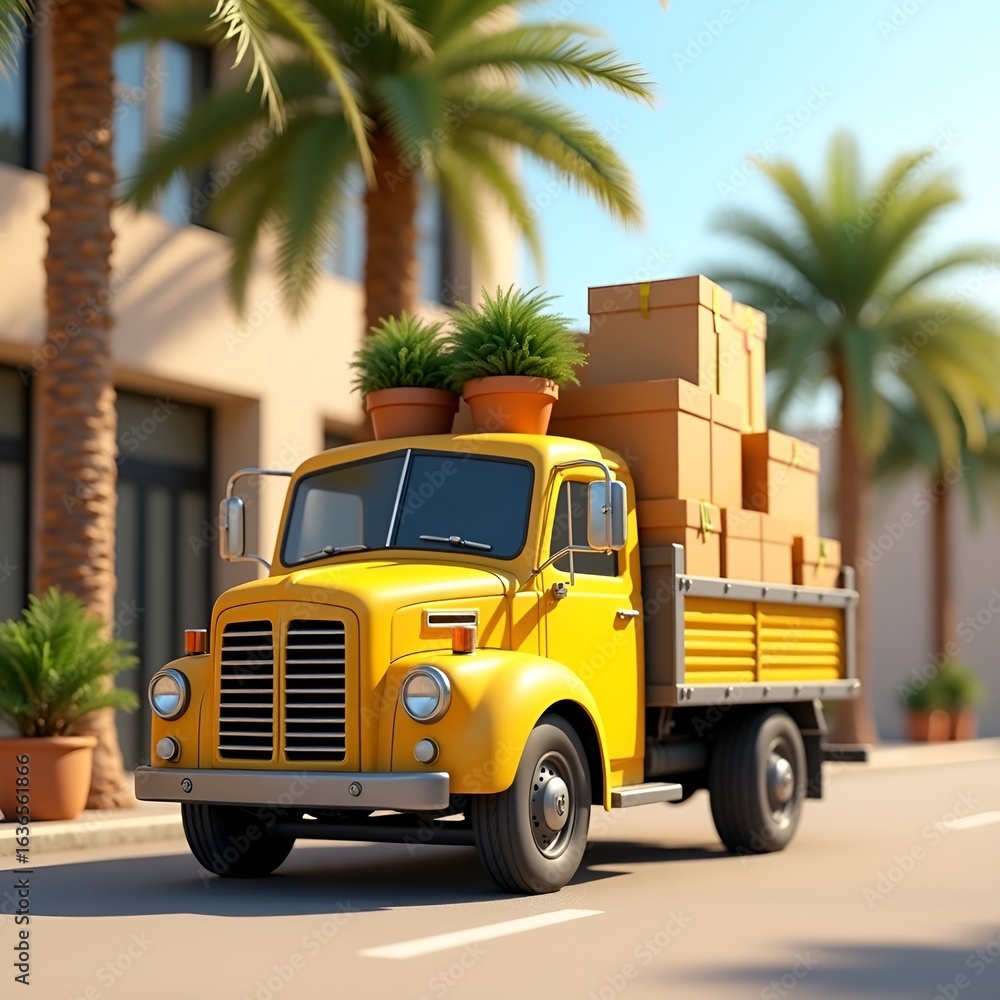 Fototapeta premium Yellow Delivery Truck with Packages in a Tropical City Setting 