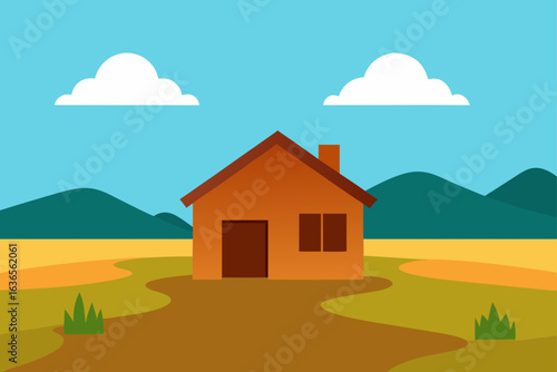 Simple illustration of a cozy orange house with a brown roof and chimney on a grassy hill with mountains in the background