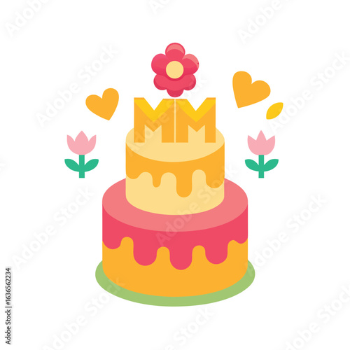 Two tiered birthday cake with flowers and sweet charm vector art illustration