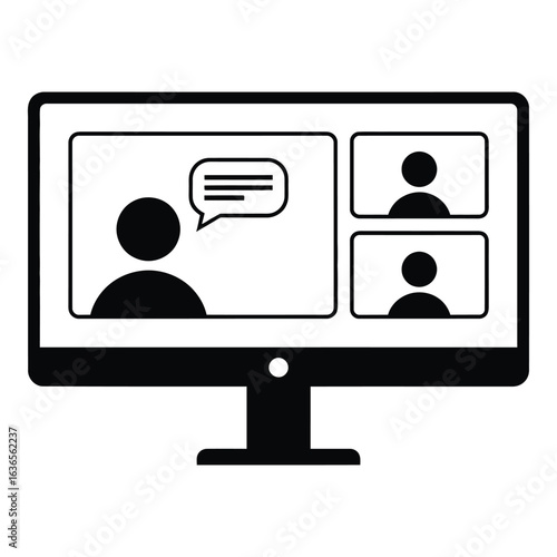 Black and white icon of a computer screen displaying a video conference with three participants