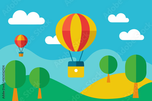Vibrant hot air balloons float serenely over rolling green hills under a bright blue sky with fluffy white clouds