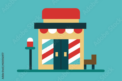 Stylized illustration of a classic barber shop with a red and white striped pole and a simple chair outside