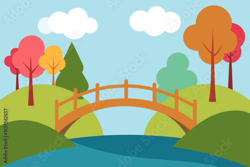 Stylized illustration of a park scene with a wooden bridge over a blue river and colorful trees