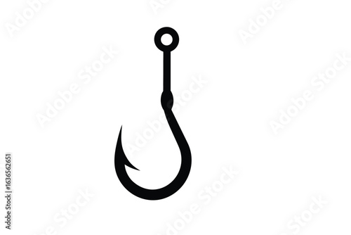Simple Black Fishing Hook Design on White Background Minimalist Style Fishing Equipment Sharp Point Vector Illustration Silhouette