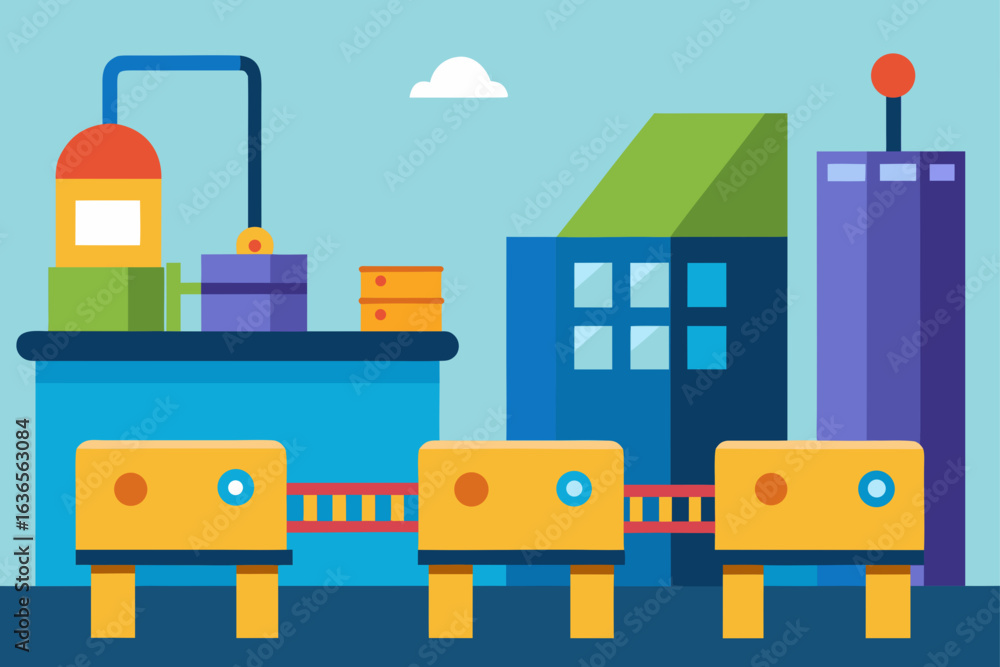 Obraz premium Flat design illustration of a modern factory with conveyor belts and industrial buildings under a clear sky