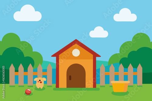 Cute cartoon dog playing in a fenced yard with a doghouse ball and water bowl on a sunny day