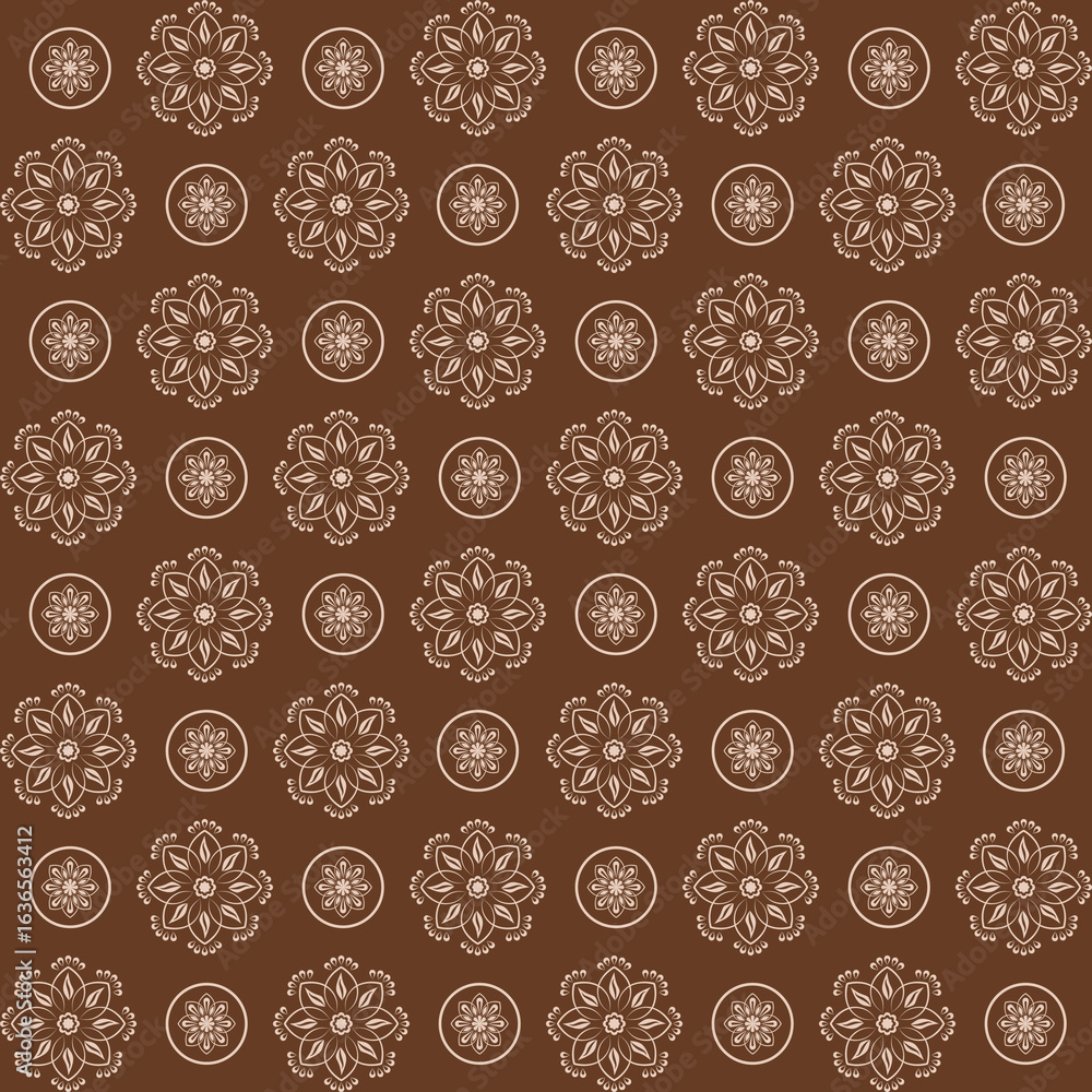 Fototapeta premium This is an elegant and classic seamless pattern designed in a traditional Damask or Baroque style. Set against a soft beige background, the overall design evokes a sense of luxury, vintage charm