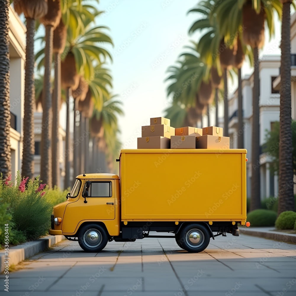 Fototapeta premium Yellow Delivery Truck with Packages in a Tropical City Setting