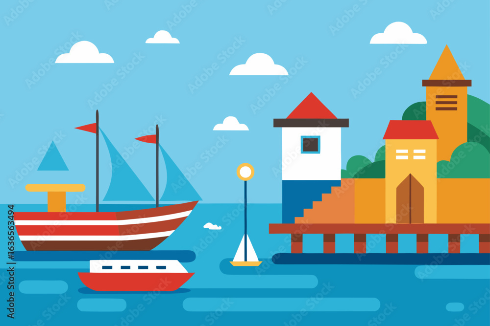 Obraz premium Colorful flat design illustration of a harbor with sailing boats a lighthouse and buildings on a sunny day