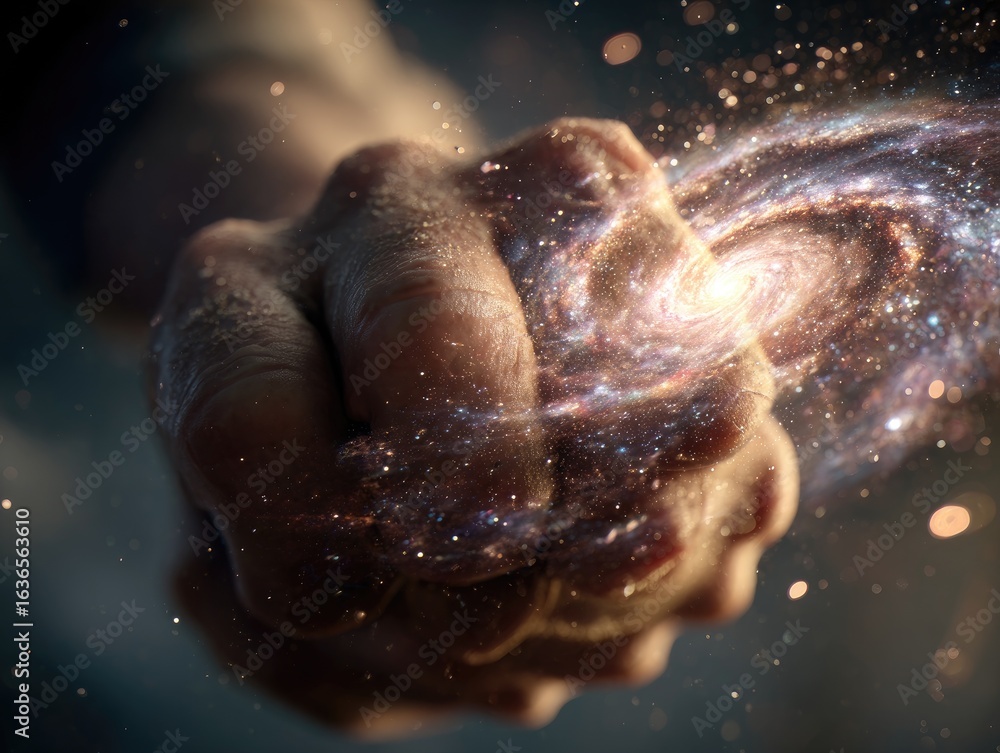 Fototapeta premium Close-up of a hand clenching into a fist containing a miniature swirling galaxy, illustrating the power of the cosmos in our hands