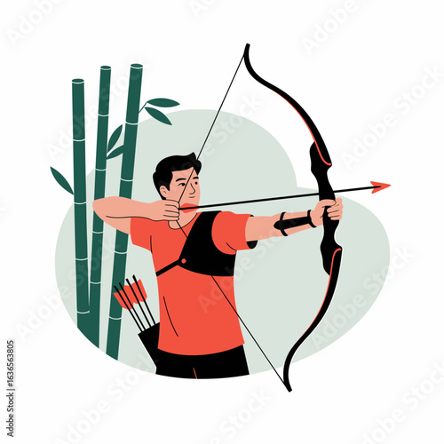 Skilled archer drawing a recurve bow, aiming for success. A conceptual illustration of focus, determination, and sport.