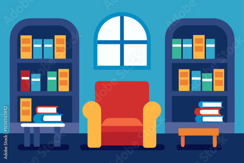 Cozy reading nook with a red armchair bookshelves filled with colorful books and an arched window