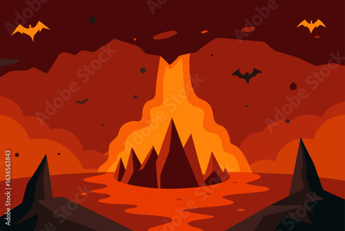 Fiery volcanic landscape with flowing lava and silhouetted bats flying in a dark red sky