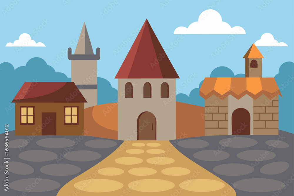 Naklejka premium Charming medieval village with cobblestone path leading to diverse buildings under a clear blue sky