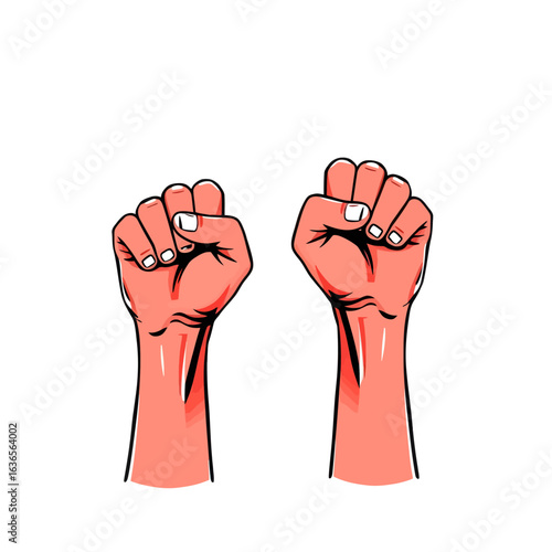 Illustration of raised clenched fists representing the human struggle for freedom, power, and solidarity in the face of oppression.