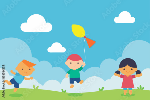Three diverse cartoon children joyfully playing together outdoors on a sunny day flying a kite