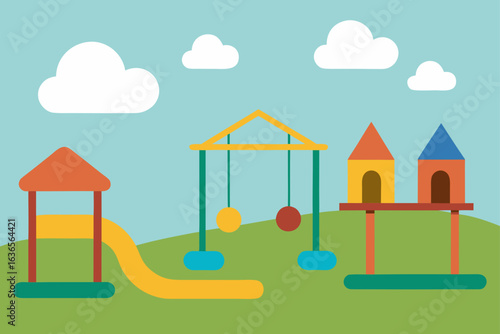 Vibrant cartoon playground with slide swings and playhouses under a blue sky with fluffy clouds
