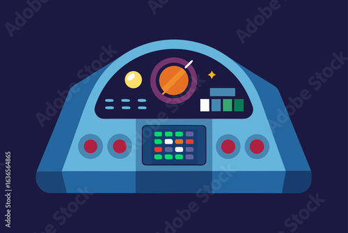 Retro futuristic spaceship control panel with colorful buttons and gauges on a dark background