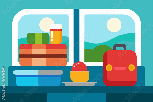 Flat design illustration of luggage and food items on a shelf inside a train with a scenic landscape visible through the window
