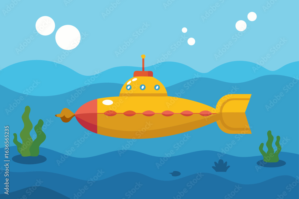 Obraz premium A bright yellow cartoon submarine with red accents sails through blue ocean waves with green seaweed and bubbles