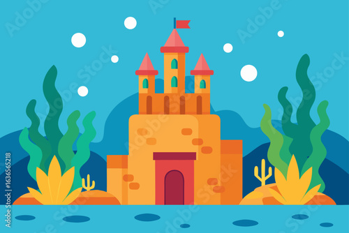 Whimsical cartoon sandcastle with red roof towers and flag stands on a beach with seaweed and bubbles