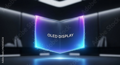A vibrant glowing foldable screen showcases advanced display technology in a futuristic setting