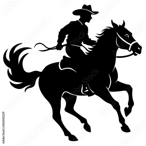 Galloping horse with cowboy rider silhouette bold vector logo style
