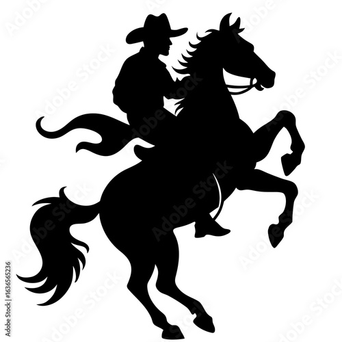 Galloping horse with cowboy rider silhouette bold vector logo style
