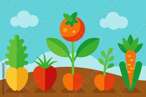 Vibrant flat design illustration of a garden with various vegetables and plants growing under a blue sky
