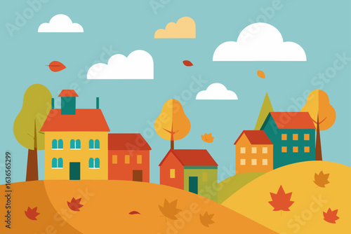 Charming autumnal village scene with colorful houses trees and falling leaves under a cloudy sky
