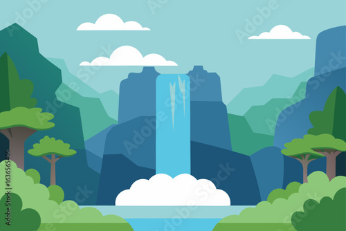 Serene natural landscape featuring a tall waterfall cascading down rocky cliffs surrounded by lush green trees and fluffy white clouds in a blue sky