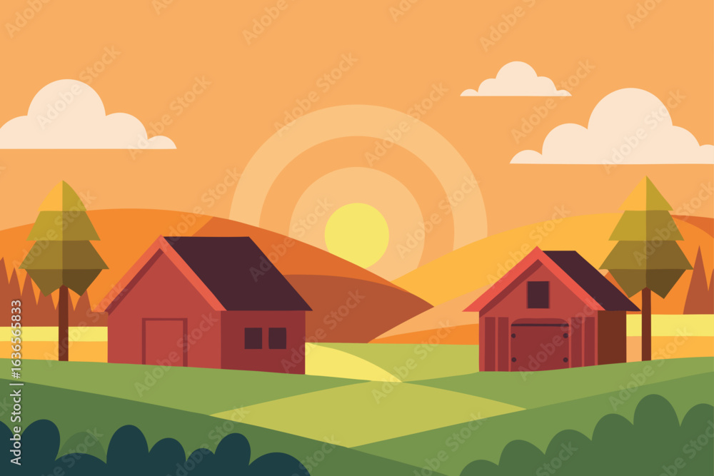 Naklejka premium Stylized flat illustration of two red barns nestled in rolling green hills at sunset