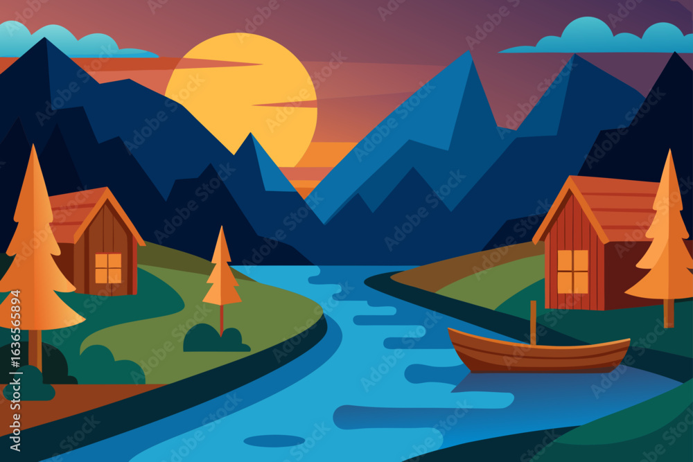 Naklejka premium Serene mountain landscape with cabins and a boat on a river at sunset