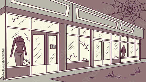 Abandoned store with broken windows and a lone figure inside suggesting a post apocalyptic or eerie scene with a large spider web above
