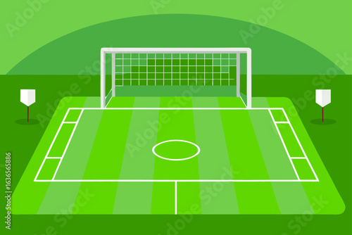 A clean and simple illustration of an empty soccer field with goal and corner flags