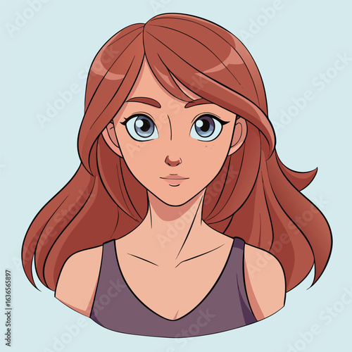 Anime girl with auburn hair and blue eyes looking directly at the viewer with a light blue background