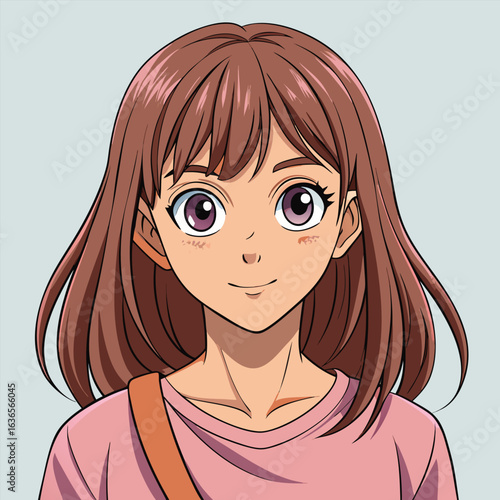 Anime girl with brown hair and pink shirt with orange strap young female