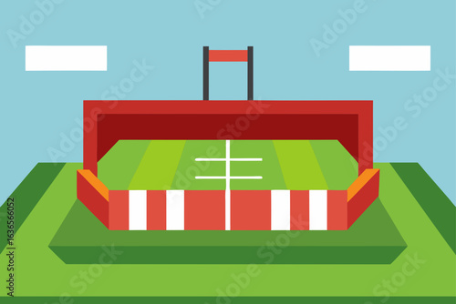 Stylized illustration of a sports stadium with a green field and red grandstands under a clear blue sky