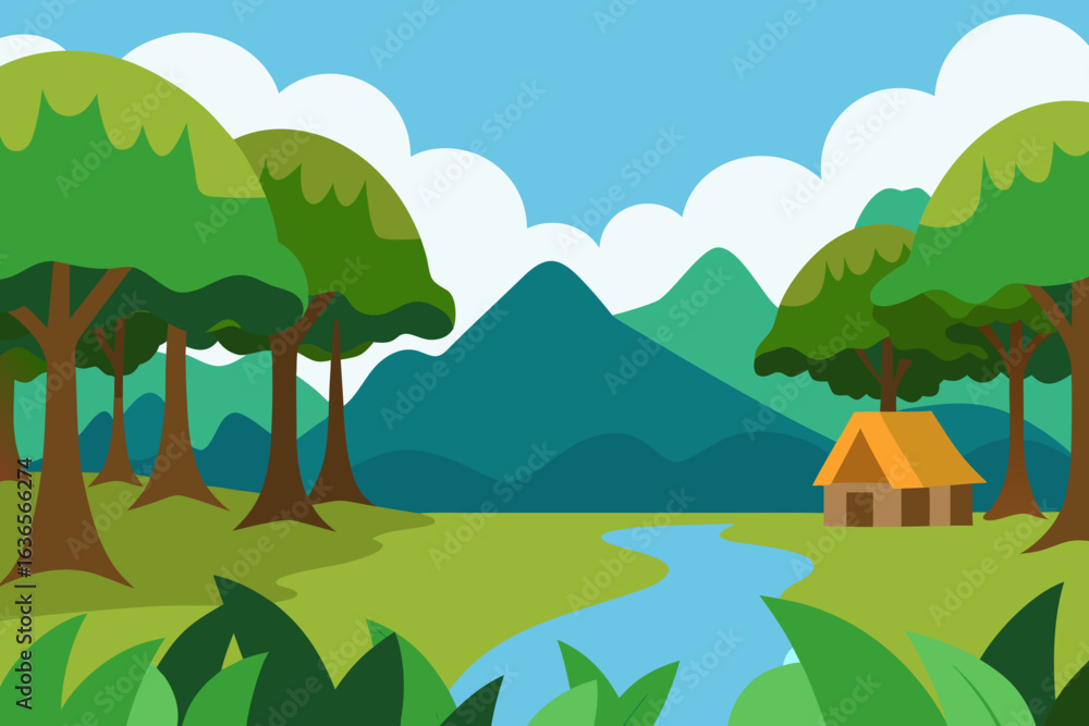 Fototapeta premium Idyllic cartoon landscape with a winding river flowing through a lush green forest towards distant mountains under a blue sky with white clouds