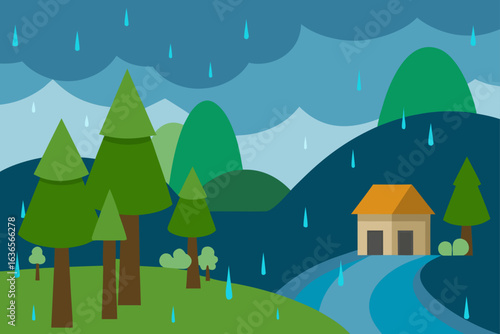 Stylized flat illustration of a small house nestled in a green landscape during a heavy rain shower with stormy clouds
