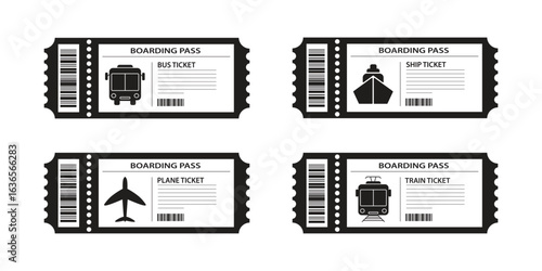 Travel Tickets Collection: A collection of boarding passes including train, plane, bus and ship. Each illustrated, these simple tickets symbolize travel and adventure.