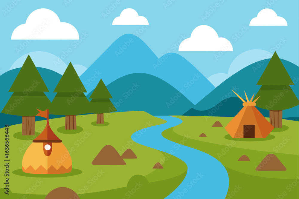 Fototapeta premium Stylized flat illustration of a serene natural landscape with mountains trees a winding river and indigenous dwellings