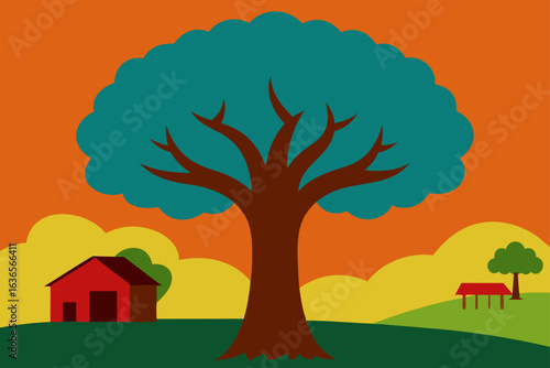 Stylized illustration of a large tree with a red barn and picnic shelter on rolling hills at sunset