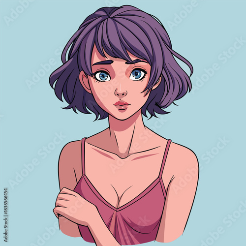 Anime girl with short purple hair and blue eyes wearing a pink spaghetti strap top woman portrait