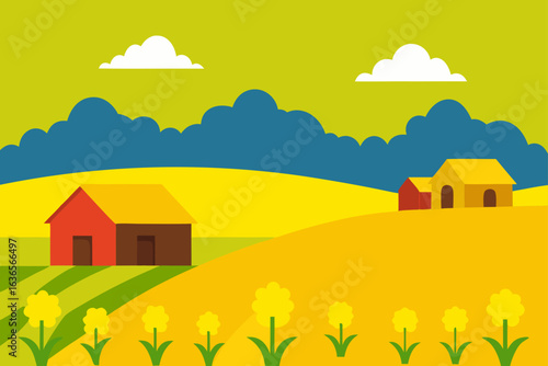 Vibrant flat illustration of a rural landscape with rolling yellow hills and farmhouses under a bright sky