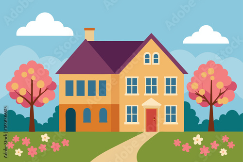 Charming cartoon house with blooming trees and flowers under a bright blue sky