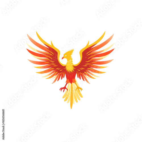 Majestic phoenix with flaming wings spread wide. A powerful mythological bird symbolizing rebirth, fire, and immortality.