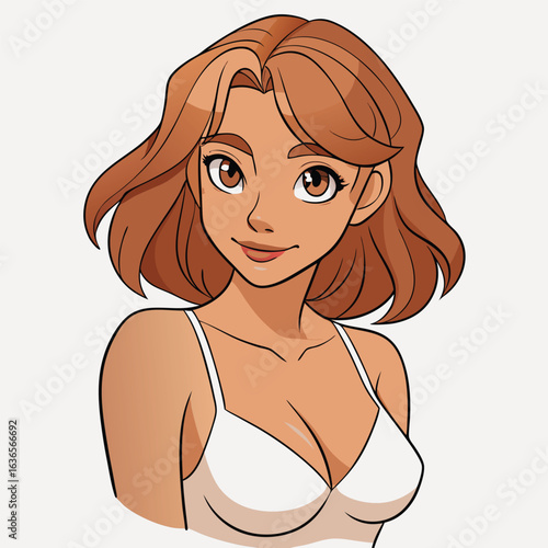 Anime style portrait of a young woman with tanned skin and short brown hair wearing a white tank top