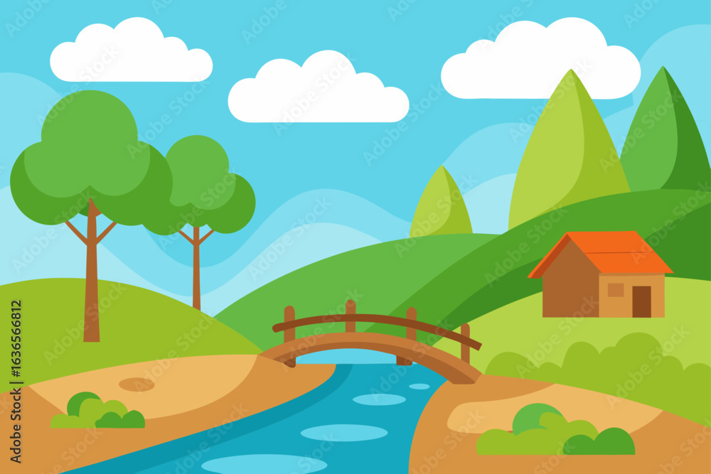 Fototapeta premium Charming flat design landscape with a wooden bridge over a blue river and a small house
