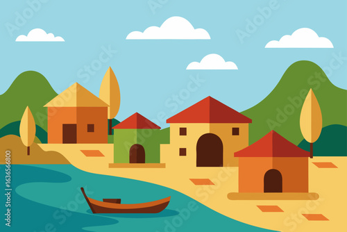 Flat design illustration of a peaceful village with colorful houses situated on a sandy shore next to a tranquil blue body of water